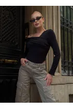 Kadın Siyah Tek Omuz Asimetrik Kesim Bodysuit HZL25W-ZK11521