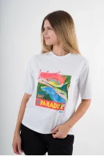 Kadın Beyaz Paradise Baskılı Bisiklet Yaka T-Shirt HZL24S-YY302