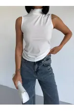 Women's White Turtleneck Sleeveless Sandy Crop Blouse HZL26S-FRY123931 Women's White Turtleneck Sleeveless Sandy Crop Blouse HZL26S-FRY123931