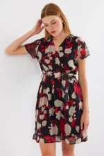 Robe courte en mousseline à motifs, manches courtes, couleur bordeaux (réf. 2502)