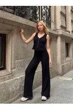 Kadın Siyah Beli Lastilkli Gofre Kumaş Pantolon HZL24S-ZK13261