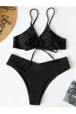 Kadın Siyah İp Detaylı Astarlı V Kesim Üçgen Bikini Takım HZL24S-LC2234