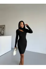 Kadın Siyah Boğazlı Uzun Kollu Ottoman Kumaş Elbise HZL25S-FRY123331