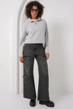 55449 Zip-Up Collar Knitted Sweatshirt - Grey