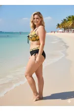 Kadın Sarı Siyah Desenli Taş İşlemeli Toparlayıcı Bikini Takım HZL25S-LC3333