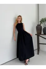 Kadın Siyah Bisiklet Yaka Üstü Esnek Viskon Alt Geniş Poplin Dokuma Kolsuz Elbise HZL26W-DSB1221