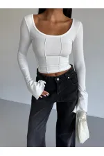Kadın Beyaz Uzun Kollu Arkası Bağlamalı Fit Kesim Crop Bluz HZL25W-FRY122771