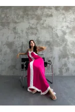 Kadın Pembe Beyaz Detaylı Asimetrik Kesim V Yaka Ayarlanabilir İp Askılı Elbise HZL24S-MJ113041