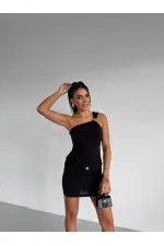 Women's Black One-Shoulder Sandy Mini Dress with Gold Accessories HZL26W-FRY123781