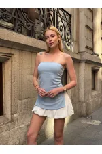 Kadın Mavi Yanı Büzgülü Çift Yırtmaçlı Straplez Bluz HZL24S-ZK13091