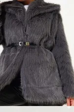 Manteau en fourrure pelucheux gris pour femme, doublé et détaillé, avec ceinture HZL25W-BD191561