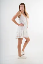 Kadın Beyaz V Yaka İp Askılı Eteği Pileli Güpür Detaylı Elbise HZL24S-YY244