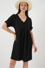 Kadın V Yaka Kısa Kol Elbise 2567 - Siyah
