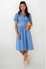 Kadın Açık Mavi Kısa Kollu Beli lastikli Yarım Düğmeli Göğüs Pensli Kot Elbise HZL22S-BD122101