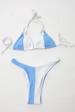 Kadın Mavi Beyaz İp Bağlamalı Yüksel Bel Bikini Takım HZL24S-LC2230