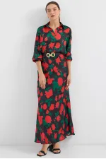 Ensemble deux pièces en satin à motifs noirs et rouges pour femme 8018