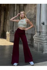 Kadın Bordo Yüksel Bel Kemer Detaylı İspanyol Paça Pantolon HZL25W-ZK11481