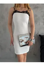 Kadın Beyaz İnce Askılı Dantel Detaylı İthal Atlas Mini Elbise HZL24S-FRY121911