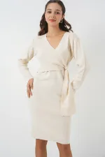 Women's Wrap Collar Knit Dress 15928 - Ecru