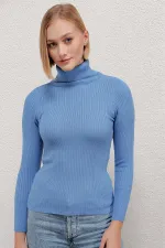 Pull col roulé côtelé bleu pour femme HZL22W-BD1445001