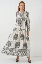 Kadın Desenli Uzun Tesettür Elbise 2585 - Taş