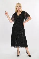 Kadın Siyah Büyük Beden Kruvaze Yaka Payetli Abiye Elbise HZL26S-PR11171