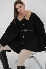 Kadın Siyah Yakası Kürklü Düğmeli Kemerli Kaşe Panço HZL25W-BD191651