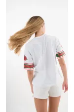 Kadın Beyaz Kırmızı Peponi Baskılı Bisiklet Yaka T-Shirt HZL24S-YY302