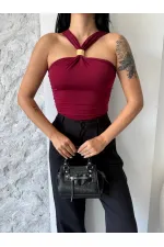 Kadın Bordo Halter Yaka Metal Detaylı Şık Crop Bluz HZL25S-FRY123251