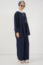 Ensemble deux pièces tunique et pantalon à lacets pour femme 6744 - Bleu marine