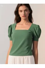 Kadın Zümrüt Yeşil Kare Yaka Örme Bluz HZL22W-BD104091