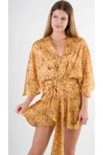 Kadın Hardal Desenli Saten Yüzeyli V Yaka Halka Detaylı Kuşaklı Mini Elbise HZL24S-YY230