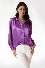 Kadın Lila Hafif Dökümlü Saten Yüzeyli Gömlek Hzl22w-bd139641