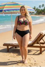 Ensemble bikini grande taille fuchsia à motifs noirs et galbant à armatures pour femme HZL26S-LC2519