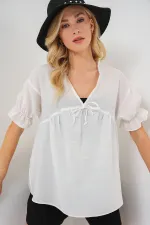 Women's Front Lace-Up Short-Sleeve Blouse 962 - White