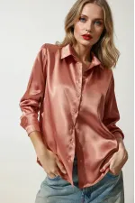 Kadın Tarçın Hafif Dökümlü Saten Yüzeyli Gömlek HZL22W-BD139641