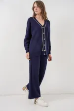 Ensemble deux pièces pour femme : cardigan, pantalon et pull, réf. 15956 - Bleu marine