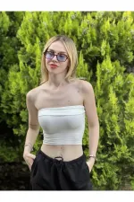 Kadın Beyaz Katlamalı Straplez Bluz HZL24S-ZK11301