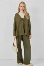 Kadın Haki Keten Bağlama Detaylı Kimono Pantolon İkili Takım HZL26S-BD167271