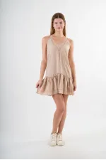 Kadın Bej V Yaka İp Askılı Eteği Pileli Güpür Detaylı Elbise HZL24S-YY244