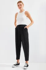 6637 High-Waisted Striped Fabric Trousers - Black
