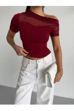 Kadın Bordo Tek Omuz Transparan Tül Detaylı Şık Sandy Bluz HZL26S-FRY123871