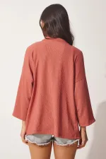 Veste de saison texturée rose poudré pour femme, ouverte sur le devant, à col superposé HZL22S-BD158621