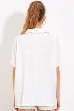 Chemisier polo blanc oversize pour femme, en maille, référence 0486