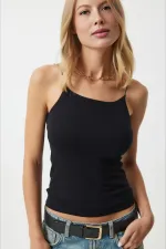 Kadın Siyah İp Askılı Örme Body Bluz HZL24S-ZK11001