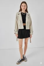 Trench-coat court beige à double boutonnage et ceinture pour femme, doublé HZL25W-BD159701