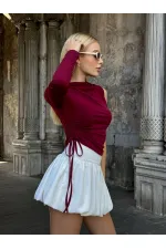 Kadın Bordo Tek Kol Yanları Büzgülü Sandy Kumaş Bluz HZL25W-ZK11501