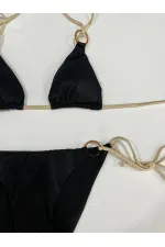 Kadın Siyah Halka Detaylı İp Bağlamalı Astarlı Bikini Takım HZL25S-AR1617
