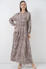 Kadın Desenli Uzun Tesettür Elbise 2585 - E. Kahve