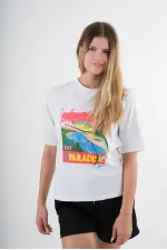 Kadın Beyaz Paradise Baskılı Bisiklet Yaka T-Shirt HZL24S-YY302